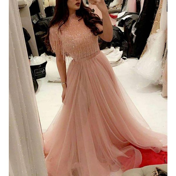 

fitted pink two piece prom dresses high neck short sleeves long formal dresses evening wear elegant middle east arabic evening dress 2020, Black