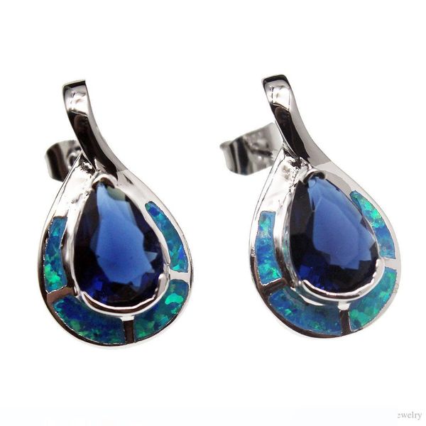 

925 sterling silver earring natural gemstone blue opal sapphire handmade teardrop women jewelry ing, Golden;silver