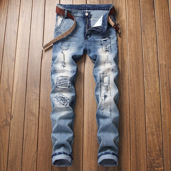 

mens designer wear hole slim light blue jeans two-color motorcycle patch trousers