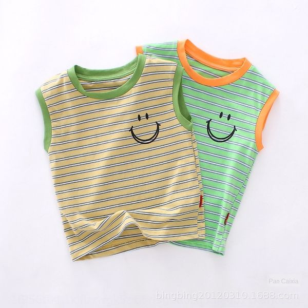 

summer 2020 smiling face printed cotton striped knitted vest 100-140 children's leisure sports vest 21016, Blue
