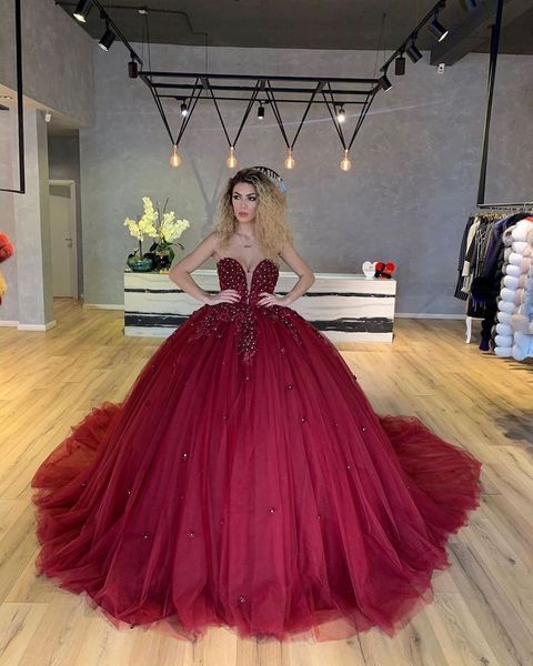 

2022 fashion burgundy african quinceanera prom dresses sweetheart tulle applique crystal long new sweet 16 dress vestidos 15 ano evening for, Blue;red