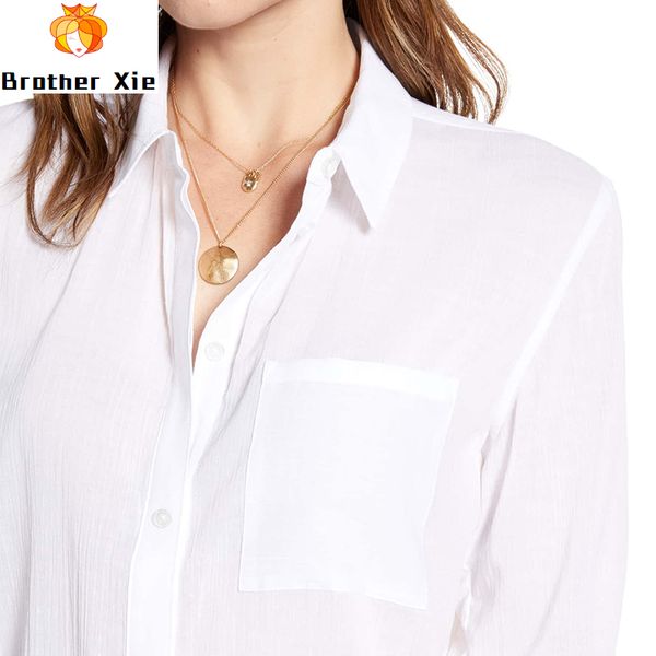 

women's solid blouse casual loose long sleeve shirt female turn down collar tunic spring summer irregular hem ladies blouse, White
