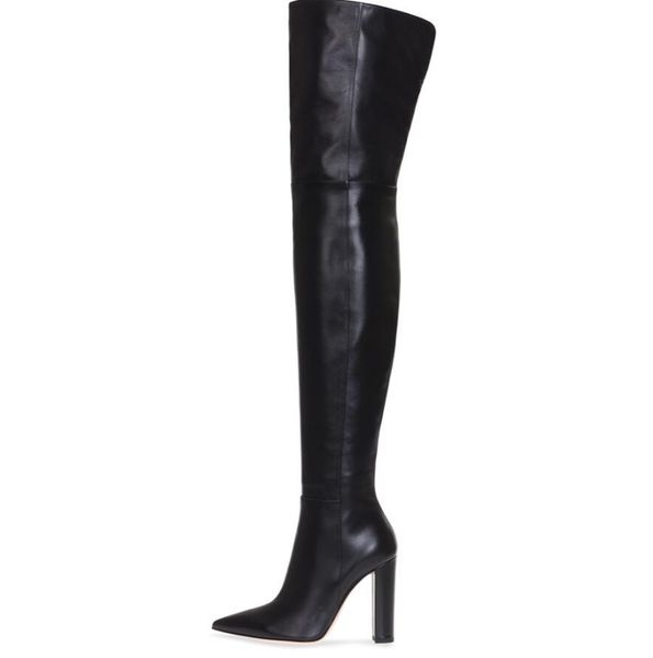 

10cm block heel gold leather boots over the knee thigh high boots fashion winter shoes women, Black