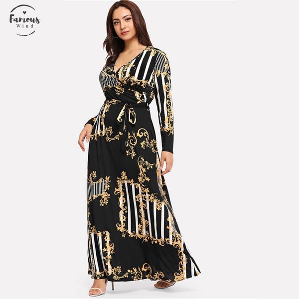 

plus size black mixed print striped casual dress women 2019 fashion long sleeve a line high waist maxi dress, Black;gray