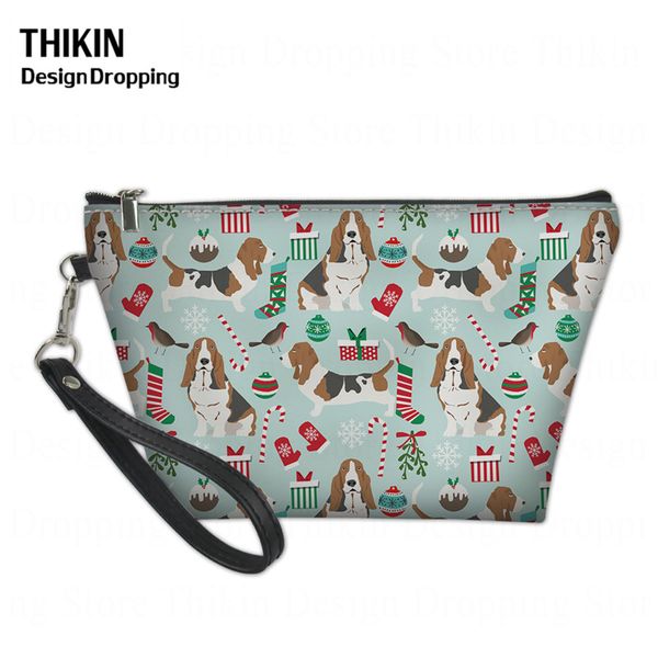 

thikin christmas basset hound dog printing makeup bags and cases for women travel organizer cosmetic pouch leather with zipper