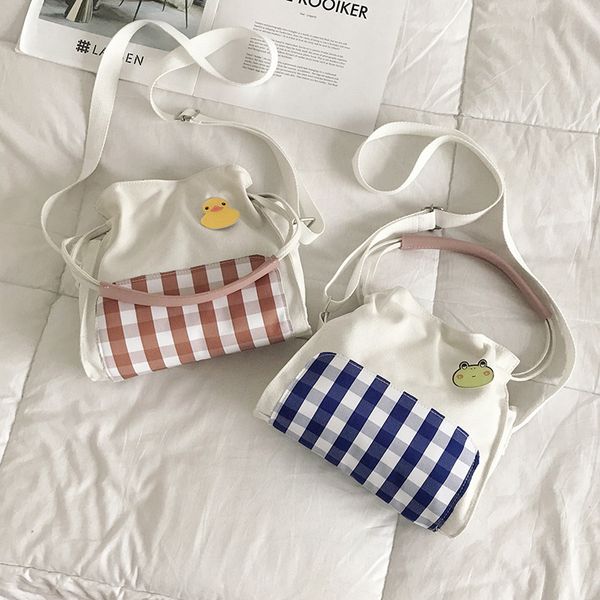 

new style hipster handbag canvas bag plaid bag girls' korean style student messenger mori drawstring small shoulder