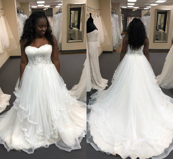 

2019 plus size wedding dresses a line lace appliqued sweep train sweetheart country bridal gowns beach wedding dress african robes de mariée, White