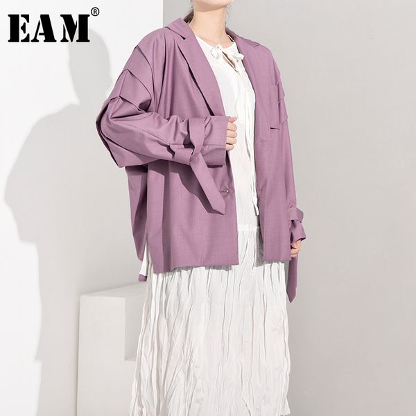 

eam] loose fit bandage pleated big size long jacket new lapel long sleeve women coat fashion tide spring autumn 2020 ji5861, Black;brown