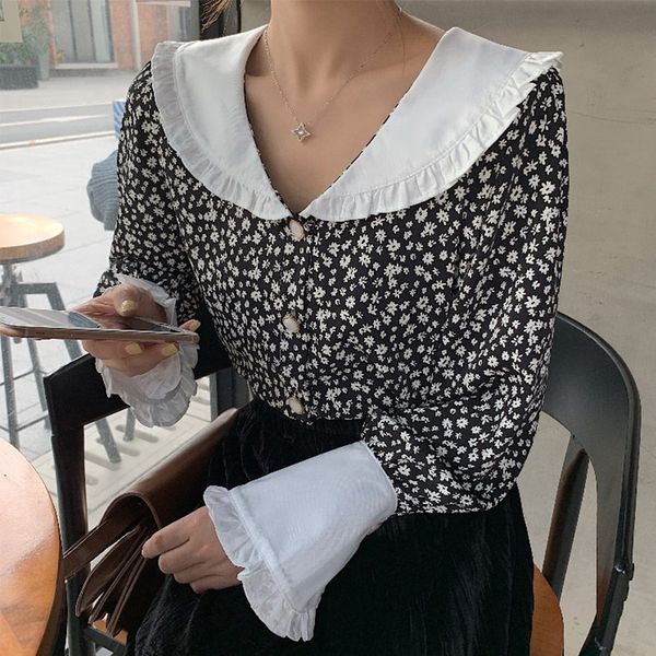 

floral print ruffles blouses shirt vintage plus feminine elegant chic loose casual fashion sweet blousa shirts 2020, White