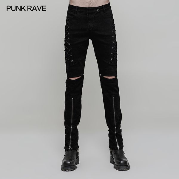 

punk rave rock fashion rockability cowboy trousers with hold on knee streetwear gothic men's pants wk315, Black