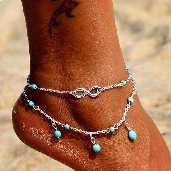 

kinfolk vintage antique silver color pearl anklet women big blue stone beads bohemian ankle bracelet cheville boho foot jewelry, Red;blue