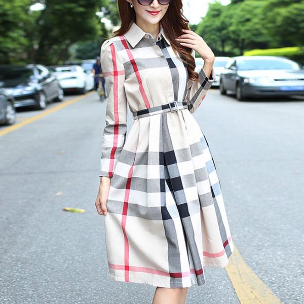 

2019 весна и осень новый женский темперамент элегантное слово большой маятник плед с длинными рукавами платье тонкий длинная юбка, Black;gray