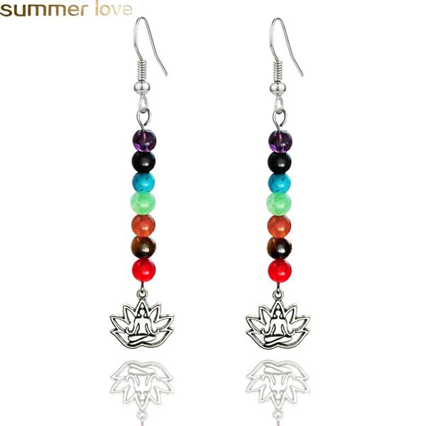 

vintage handmade 7 chakra beads tassel earrings natural stone bead om earrings with hindu symbol heart owl shaped charm for woman yoga jew, Silver