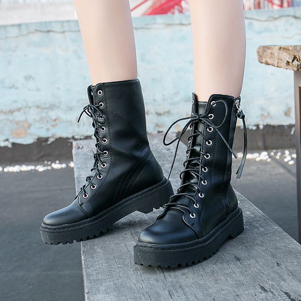 

autumn boots women's rubber shoes rain round toe low heels booties booties ladies bootee woman 2019 lace up riding mid calf, Black