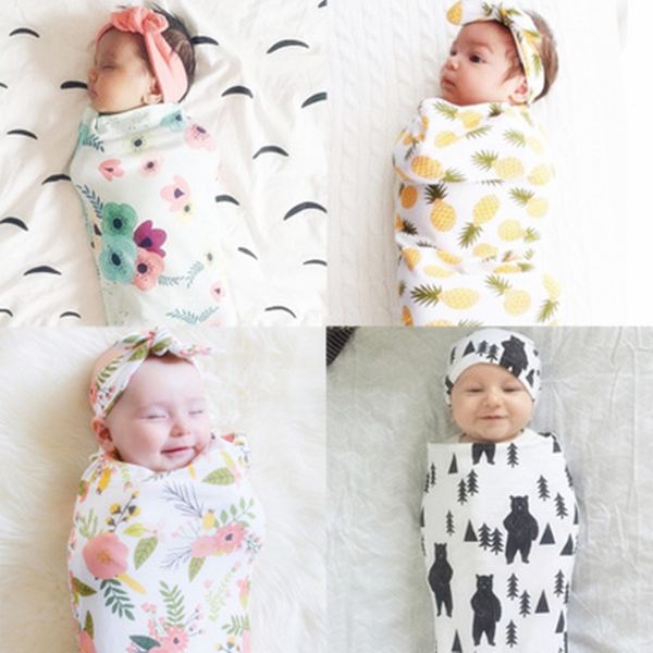 

2pcs/set newborn sleeping bag fashion baby swaddle blanket printed newborn infant baby boys girls sleeping swaddling headband