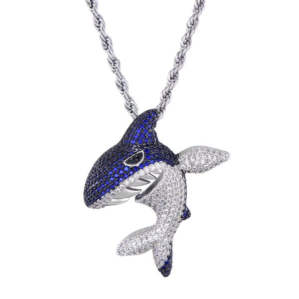 Collana con ciondolo squalo CZ blu placcato oro bianco con catena di corda Bel regalo per un regalo di gioielli punk per un amico