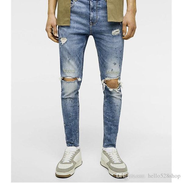 

designer washed blue hole slim fit stretch embroidered distressed ripped jeans men denim motorcycle biker pants personality youth