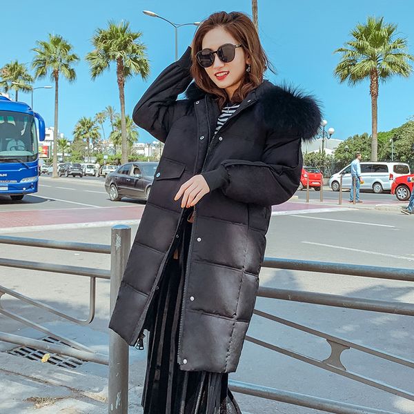 

2019 new women's winter wear cotton jacket women's long jacket fashion fur collar hooded coat, Black