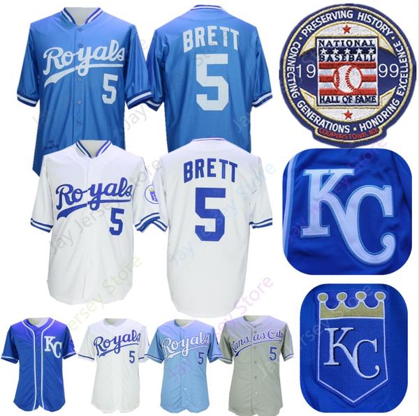 

Royals 1985 George Brett Jersey With 1999 Hall Of Fame Patch Cooperstown Royals Home Away Blue White All Stitched