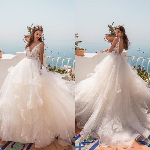 

la petra 2019 wedding dresses v neck backless a line bridal gowns sweep train appliqued plus size, White