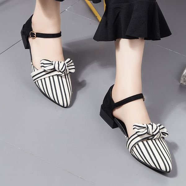 

summer women sandals pointed toe ankle strap sandals striped flat sandals woman flats bow ladies shoes zapatos mujer 6592 y200405, Black