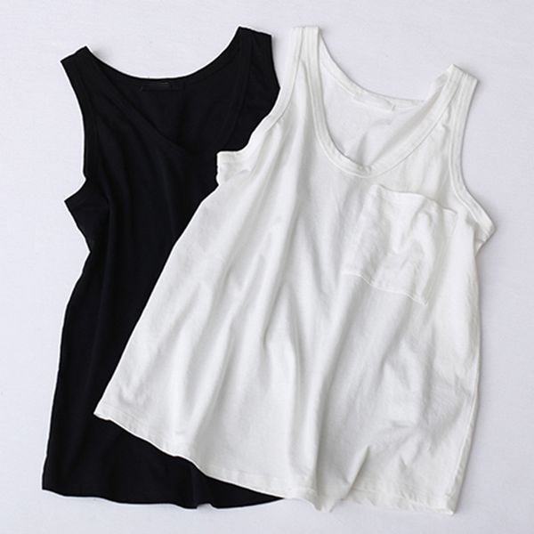 

v neck vest for women basic pocket patchwork big size female t shirt vests summer fashion casual clothing, White