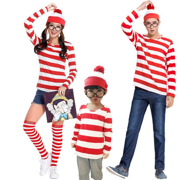 

new teen adults mens ladies wally waldo wenda character costume red white outfit book week fancy dress shirt hat glasses, Black;red