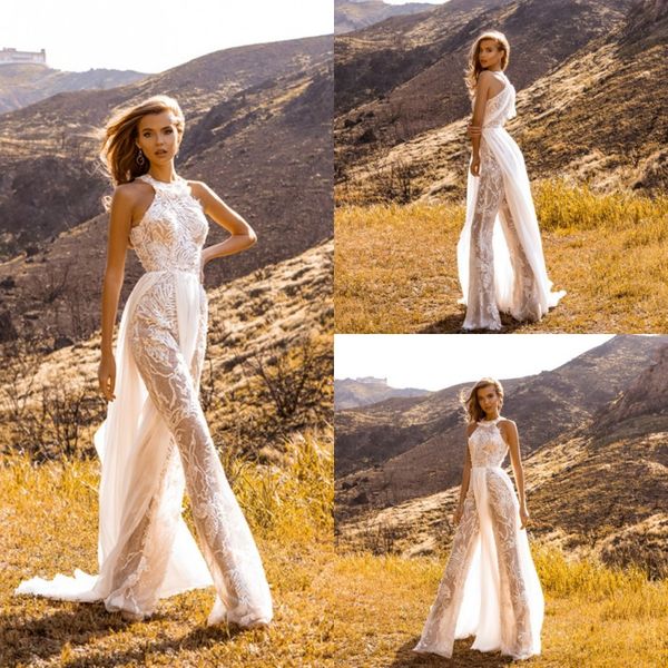 

2019 bohemian style wedding dresses women jumpsuits sleeveless illusion lace beach wedding dress bridal gowns, White