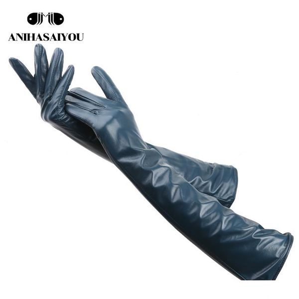 

multiple colors 50cm long leather gloves,sheepskin women' leather gloves,warm women' winter gloves,simple gloves-369, Blue;gray