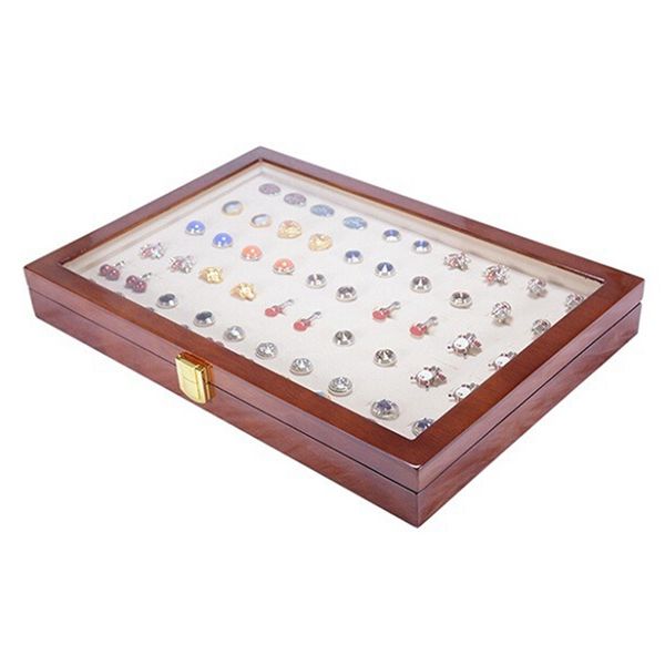 

50 pairs assembly luxury glass cover cufflink storage gift box painted wooden box authentic jewelry display 350x240x55mm, Pink;blue