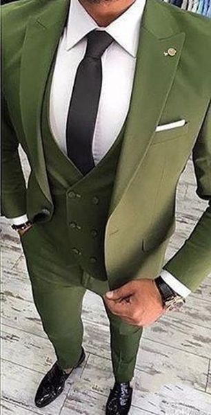Brandneuer olivgrüner Bräutigam-Smoking mit spitzem Revers, Trauzeugen, Herren-Hochzeitskleid, modischer Herren-Jacken-Blazer, 3-teiliger Anzug (Jacke + Hose + Weste + Krawatte) 685