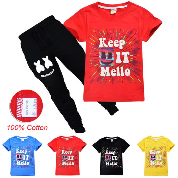 

4 colors dj marshmello printed kids clothing sets 6-14t kids boys 100% cotton t-shirt + trousers 2 piece set kids designer clothes dhl ss101, White