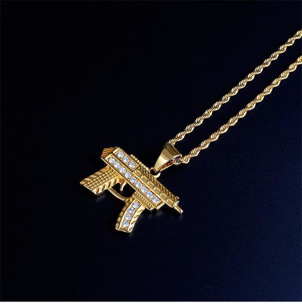 

submachine gun pendant necklaces for men hip hop full diamond gun necklace jewelry luxury stainless steel necklaces lover gift, Silver