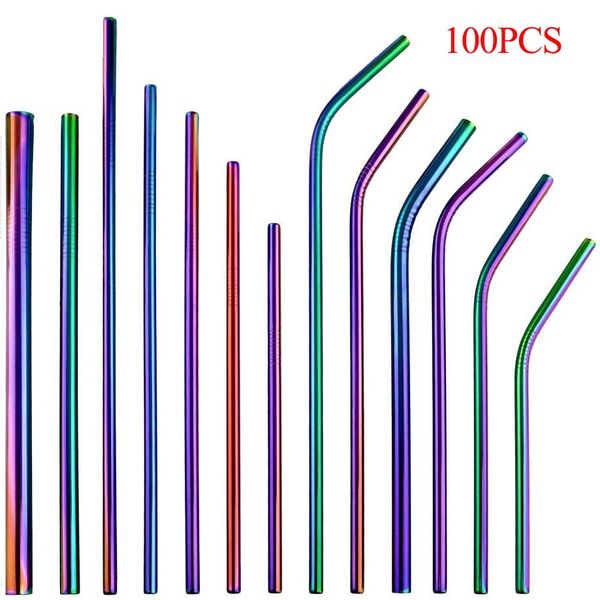 

2018 new drinking straws colorful rainbow straw reusable drinking metal straw stainless steel 16/21/23/26cm straws with brush