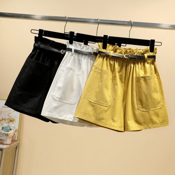 

лето осень мода женские эластичные пояса шорты с высокой талией женщины vintage повседневная твердые свободные шорты широкие ноги, White;black