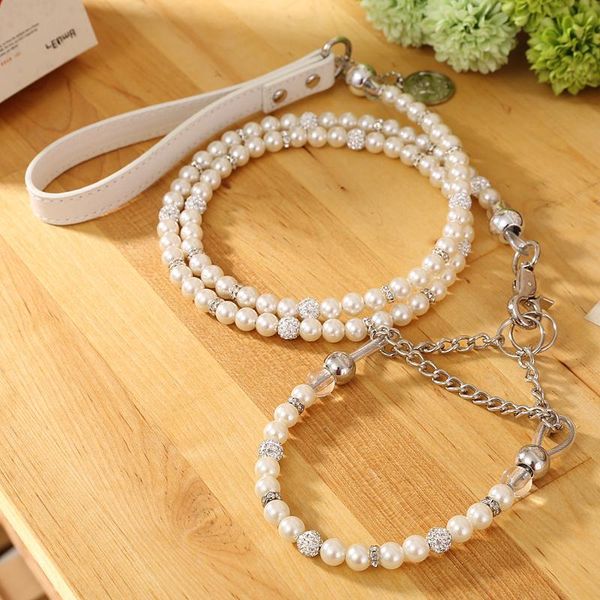 

moccapet ]new silver pearl pet collar leash set dog collar dog leash pet supplies dog collars for small dogs