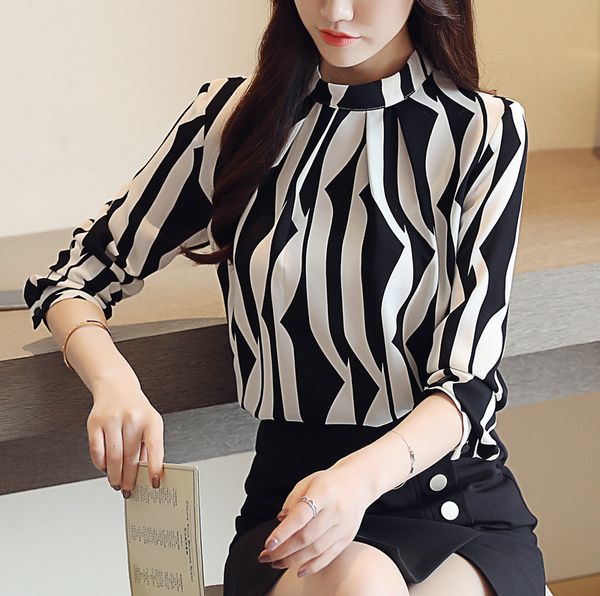 

Office Lady Shirt New Arrived Fashion Women Long Sleeved Printed Women Top Stand Collar Blouses Slim Fit Blusa