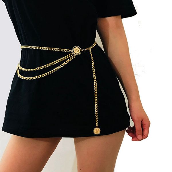 

women belt hip high waist gold narrow metal chain chunky fringes, Black;brown