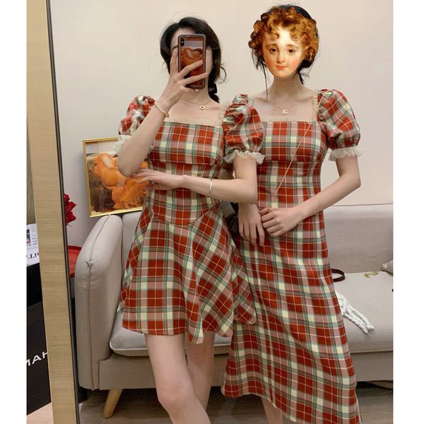 

net red retro plaid red dress women spring and summer square collar puff sleeves french waist girlfriends short skirt tide