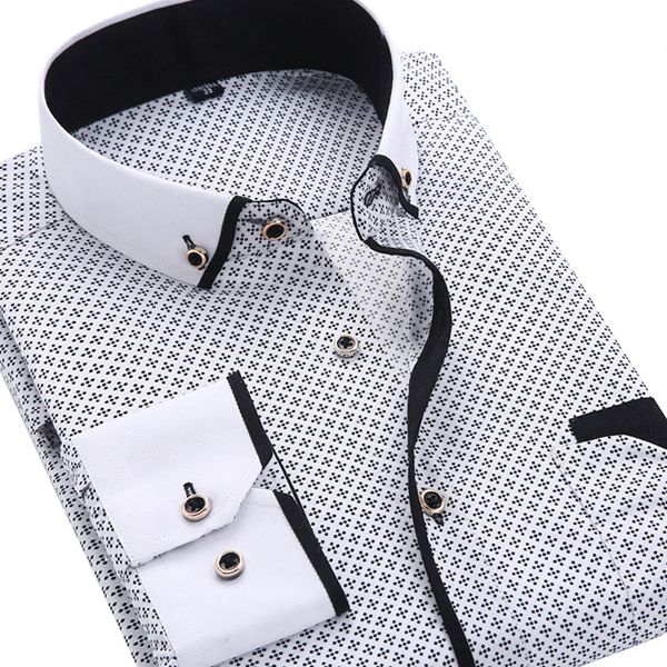 

men fashion casual long sleeved printed shirt slim fit male social business dress brand clothing soft comfortable, White;black