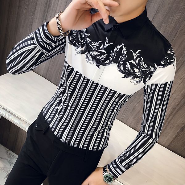 

stripe flower dress shirt korean clothes men dress shirt men 2020 casual slim fit mens print party club camisa masculina, White;black