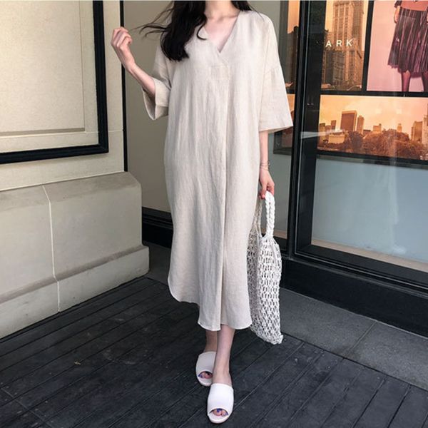 

korea cotton linen v collar dresses for women 2020 spring summer new loose three quarter sleeves casual clothes korean y005, Black;gray