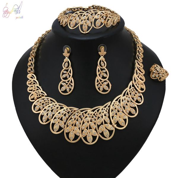 

yulaili african jewelry sets classic leaf shape choker necklace bracelet earrings ring nigerian wedding jewelery set wholesale, Black