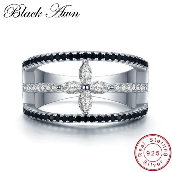 

black awn] real 925 sterling silver black spinel hollow cross rings for women silver 925 jewelry gift g004, Golden;silver
