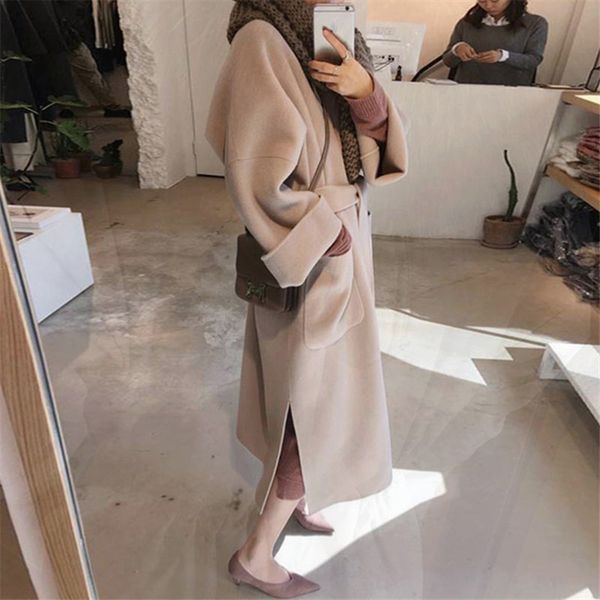 

autumn winter 2019 new korean coat leisure long coat women cashmere loose outerwear casual wool overcoat pocket women blends, Black