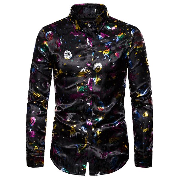 

2019 men casual slim button down print shirts brand long sleeve turn-down linen blouses halloween printed autumn clothing, White;black