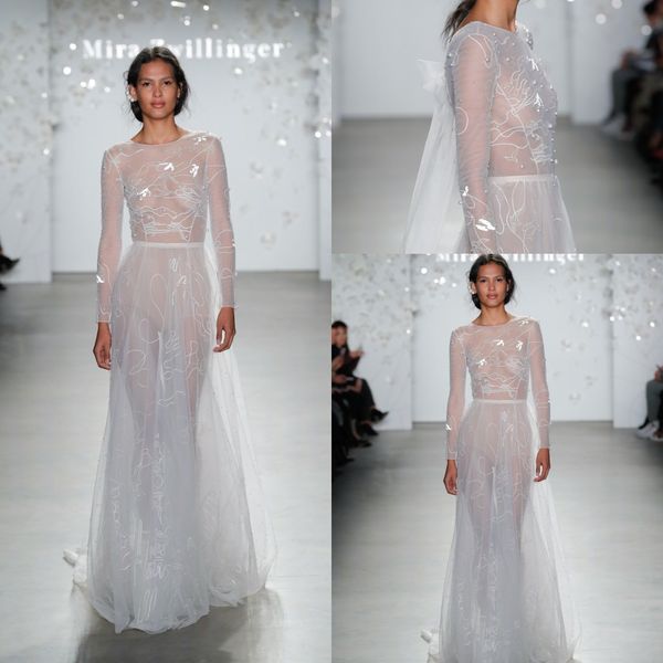 Os mais recentes Mira Zwillinger A Line Wedding Dresses Jewel Neck manga comprida Sash Pérolas do vestido de casamento de trem da varredura robe de mariée