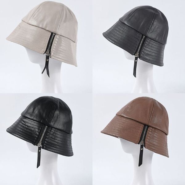 

women artificial leather zipper decoration bucket cap solid color lady leisure adjsutable foldable hip hop dome fisherman hat