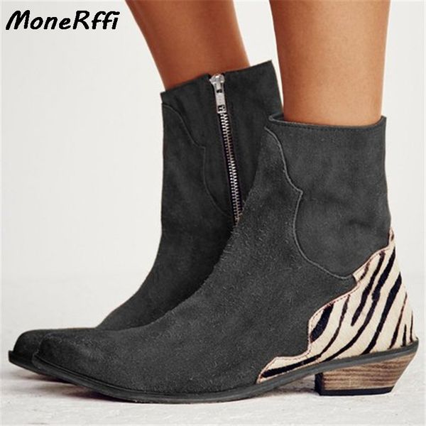 

women shoes spring leopard pointed toe ankle boots zipper deep toe flat heel boots lady shoes women, Black