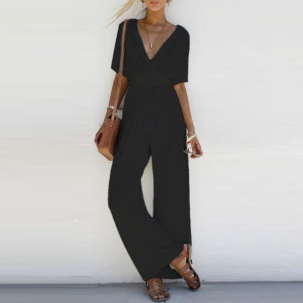 

jumpsuit women romper short sleeve v neck casual playsuit overalls ladies wide leg loose white black pink playsuit, Black;white